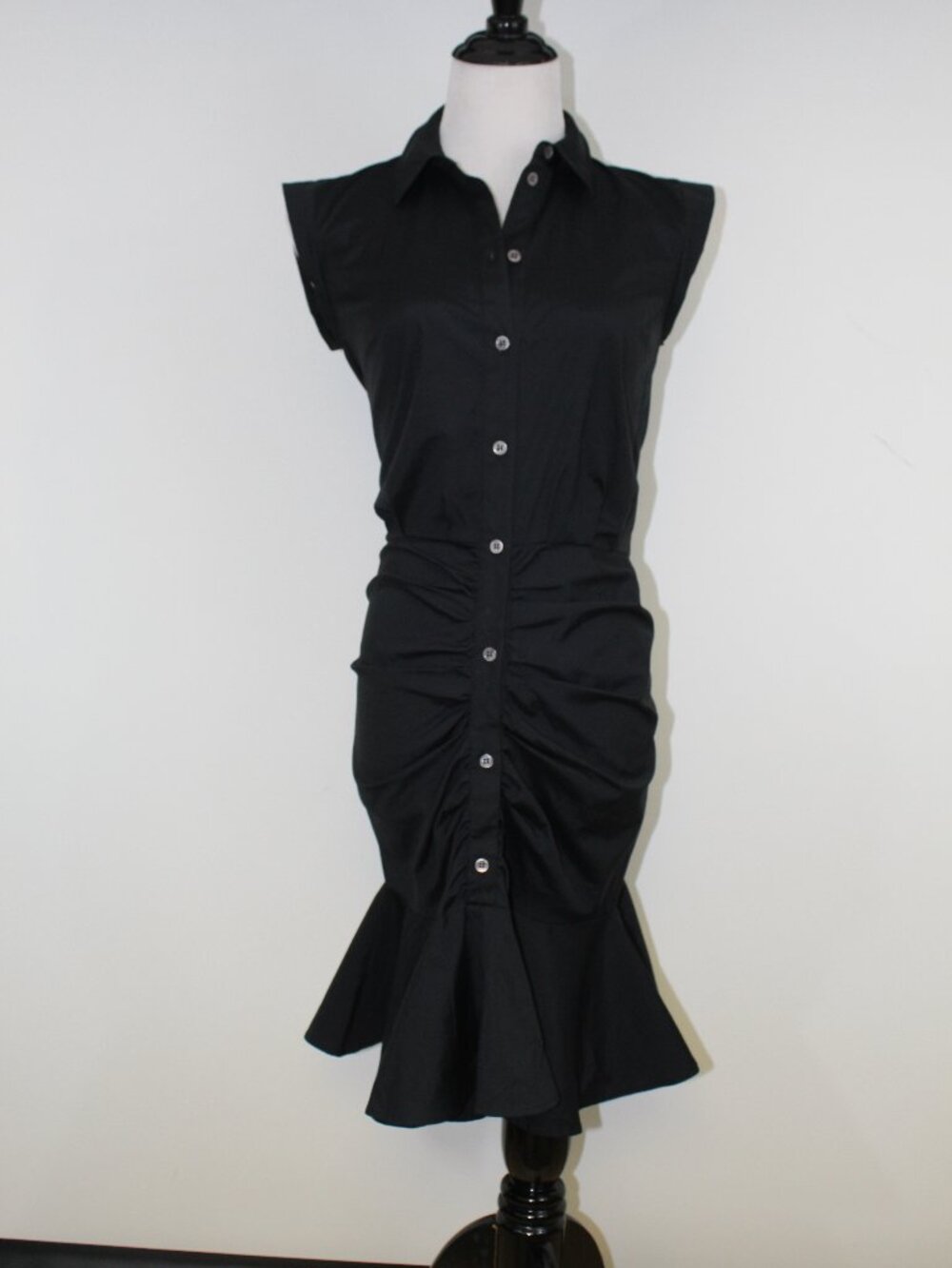 Veronica Beard Ruched‎ Shirt Dress Black NWT Button Down Fitted Mini